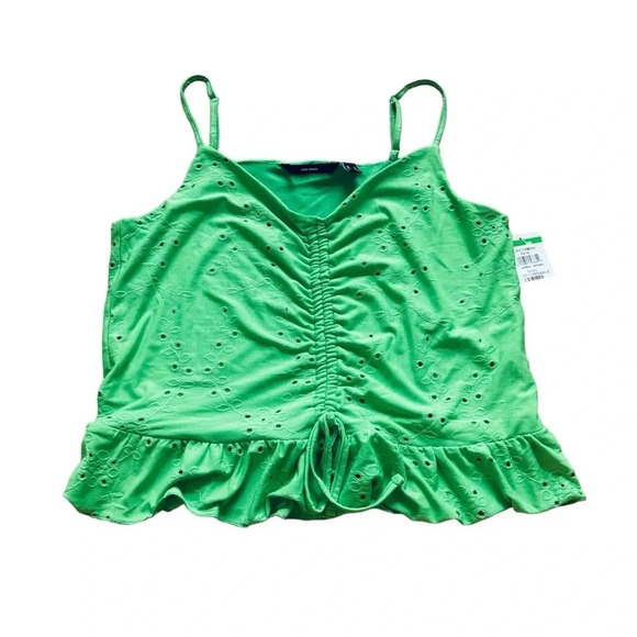 Vero Moda Green Crop Top Tank Eyelet Spaghetti Straps smocked ruffle Size L - Picture 1 of 10